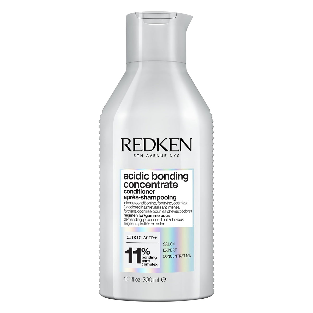 Redken Acidic Bonding Concentrate bottle showing strengthening, sulfate-free formula for damaged hair