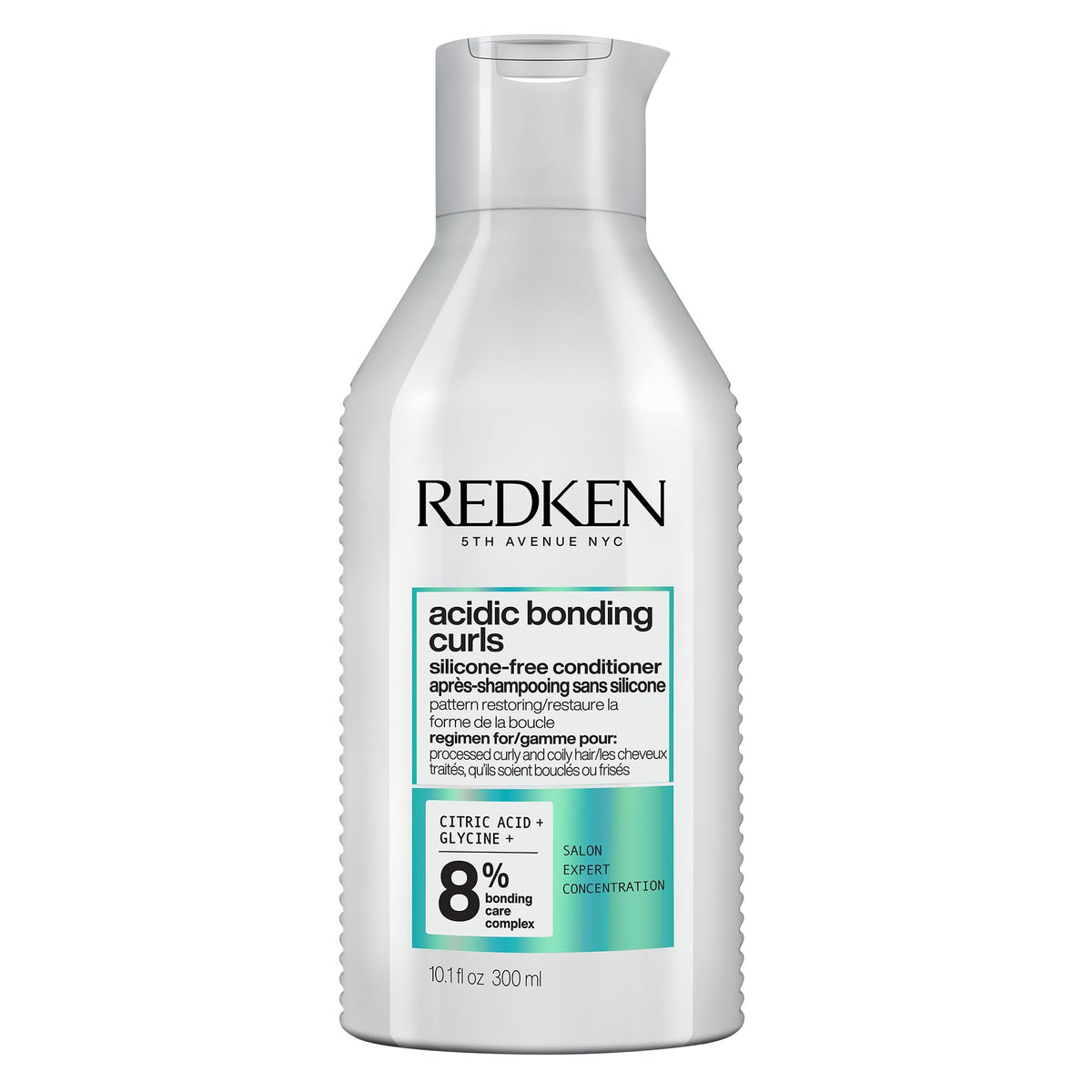 Redken Acidic Bonding Curls bottle shows silicone-free bond-building benefits for curls.