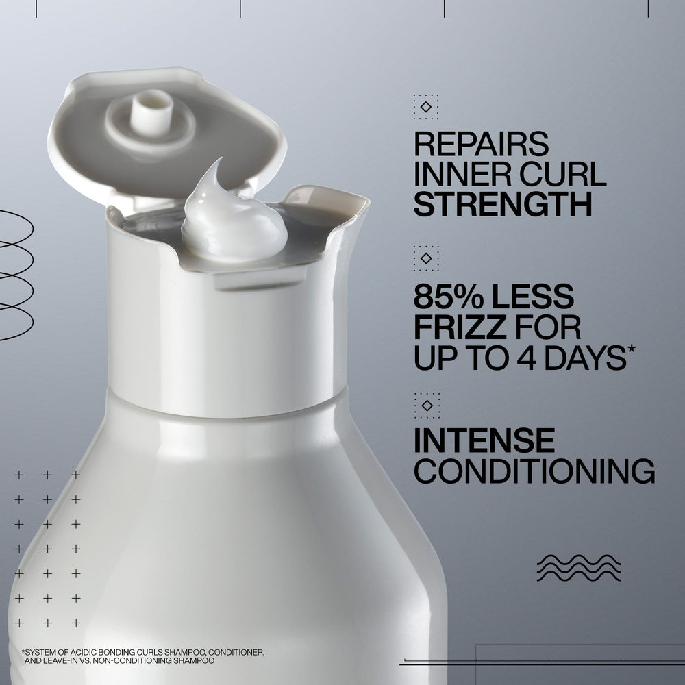 Redken Acidic Bonding Curls conditioner pump demonstrates easy, mess-free application.