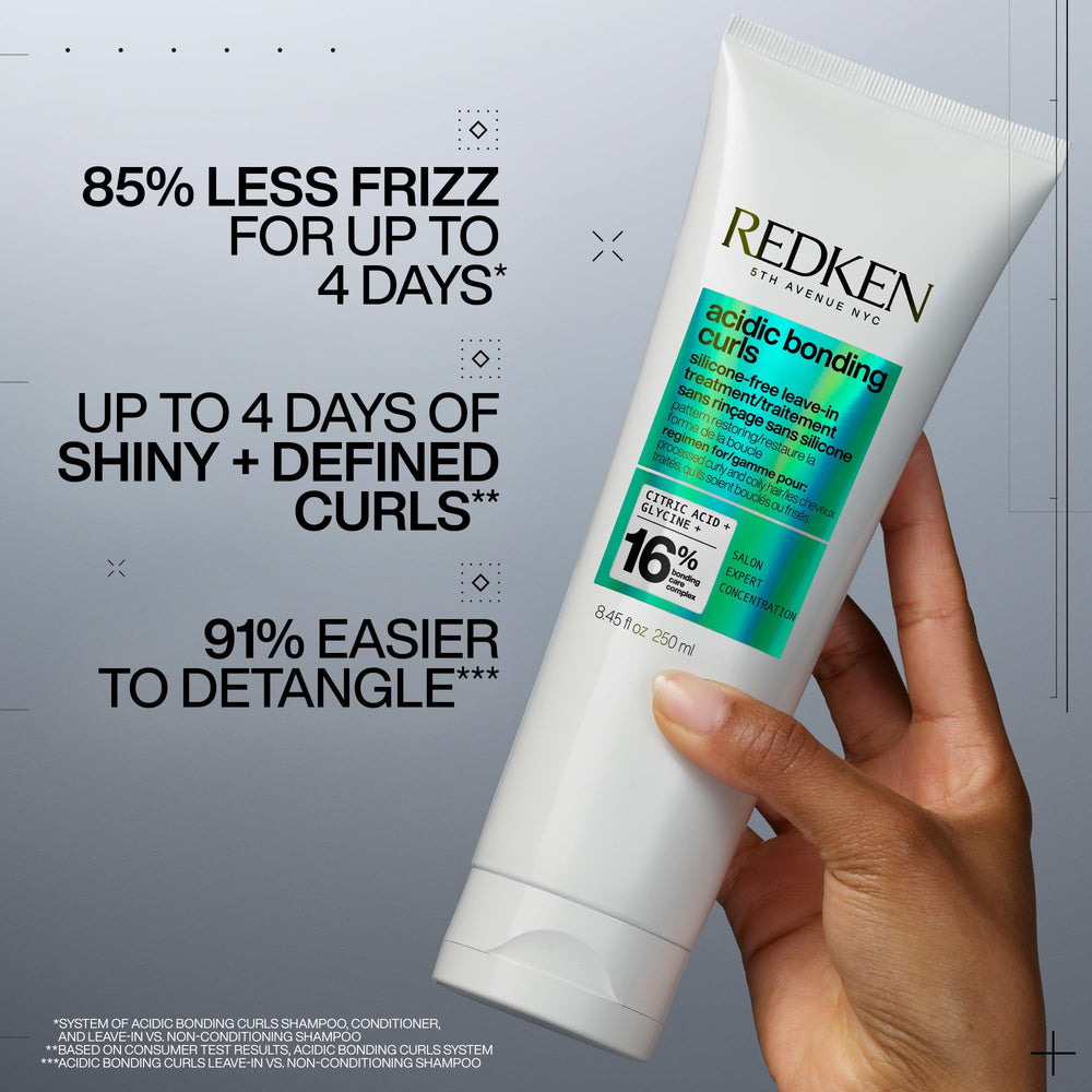 Redken Acidic Bonding Curls Leave-In pump shows easy, mess-free application for detangling.