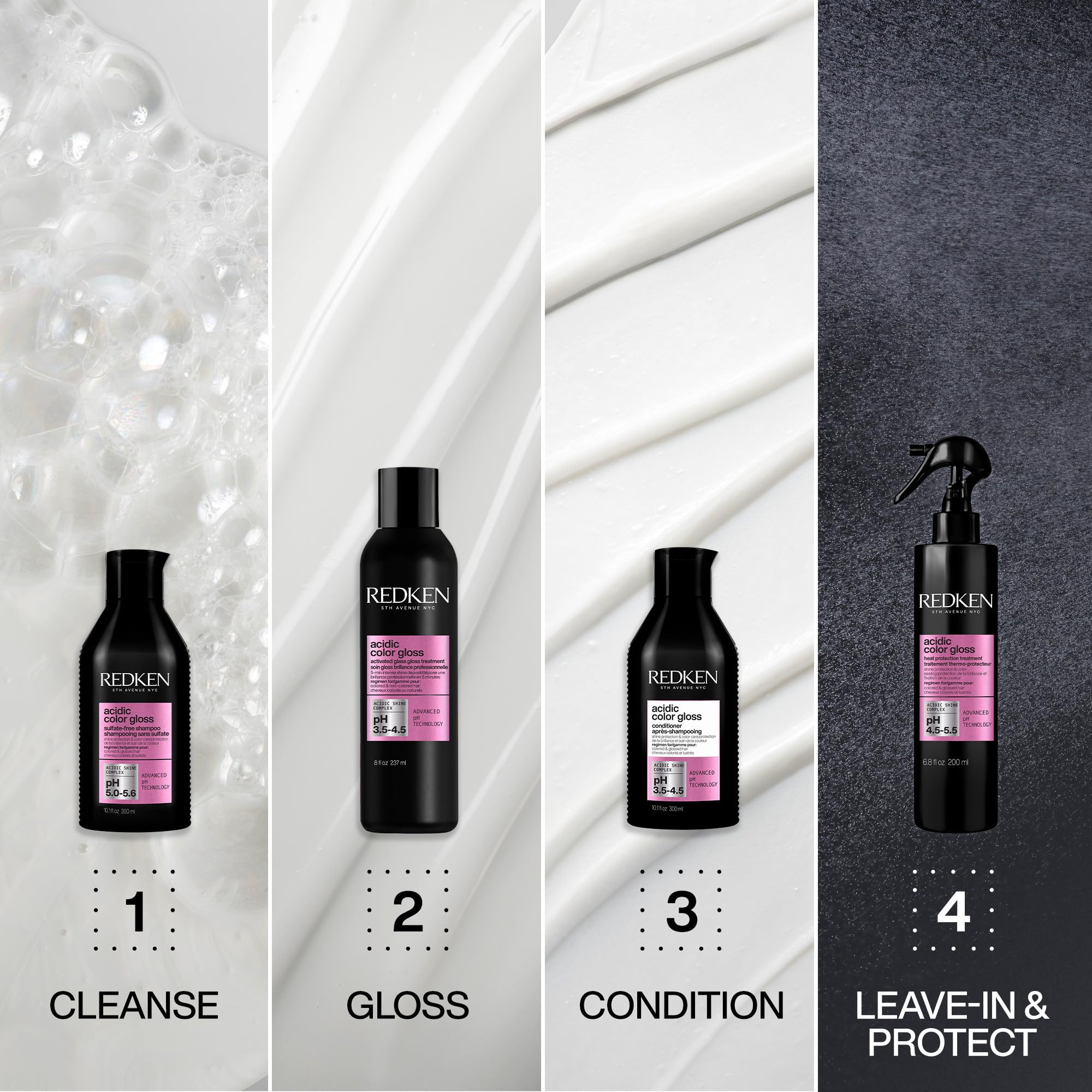 Bottle on bathroom shelf with glossy finish showcases acid-balanced formula.