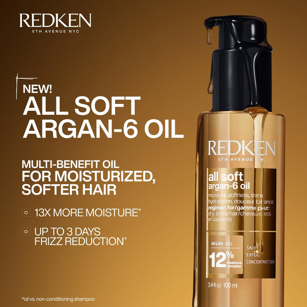 Redken All Soft Argan-6 Oil reduces frizz for sleek look.