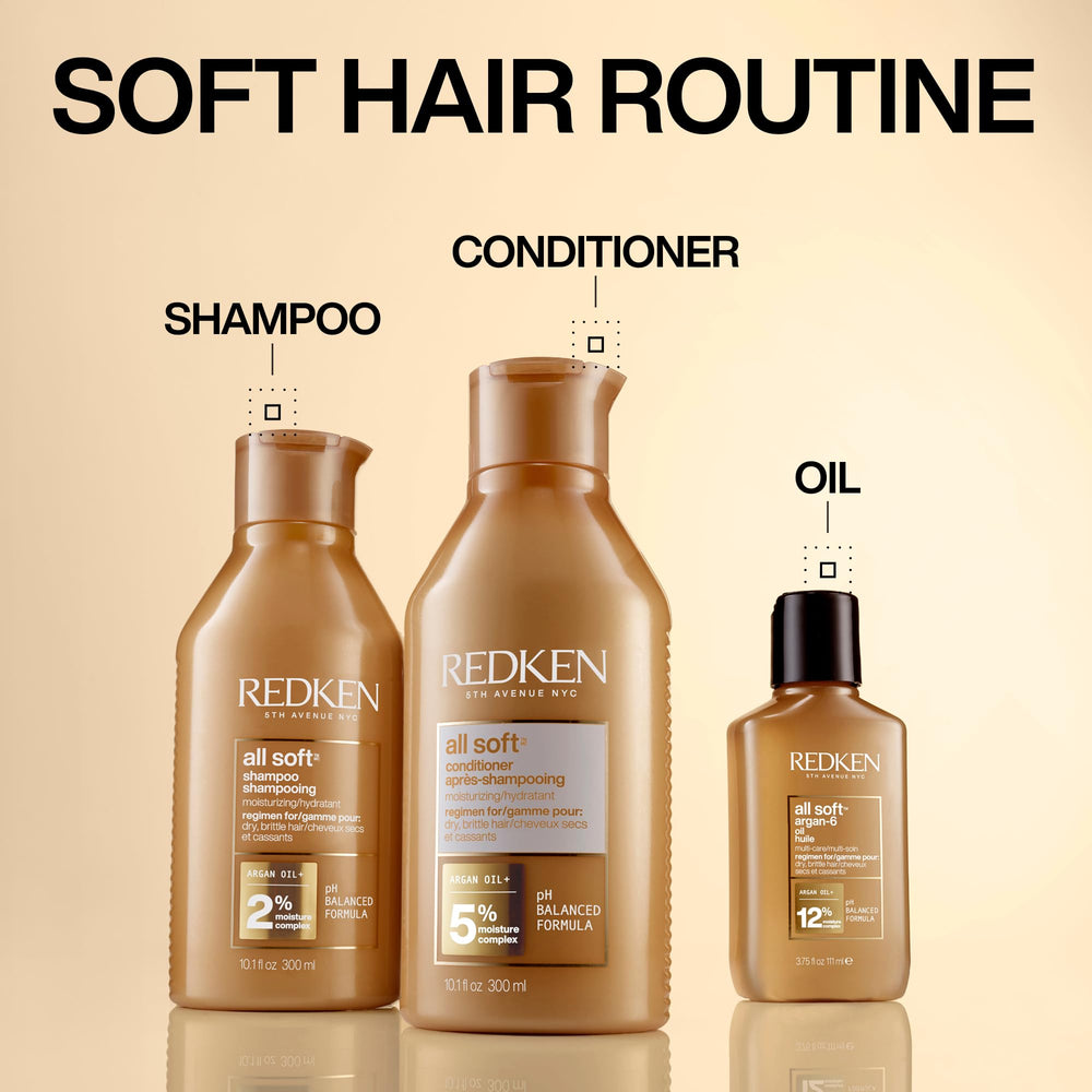 Applying Redken All Soft Argan-6 Oil on damp hair for smoothness before styling.