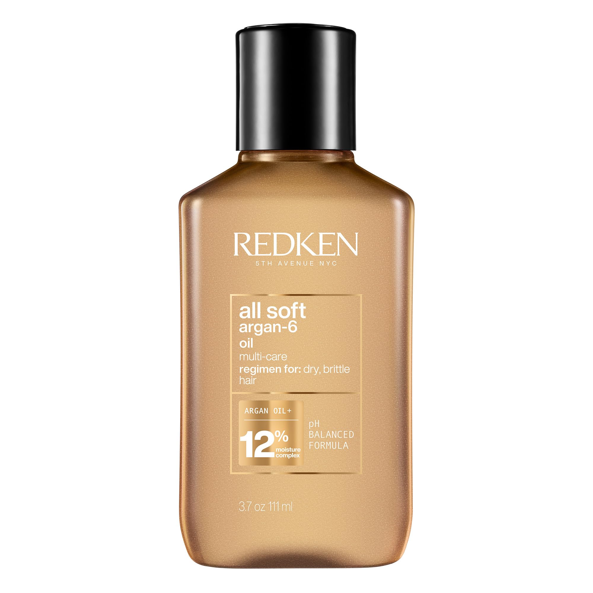 Redken All Soft Argan-6 Oil bottle shows premium packaging for moisture-rich conditioning.