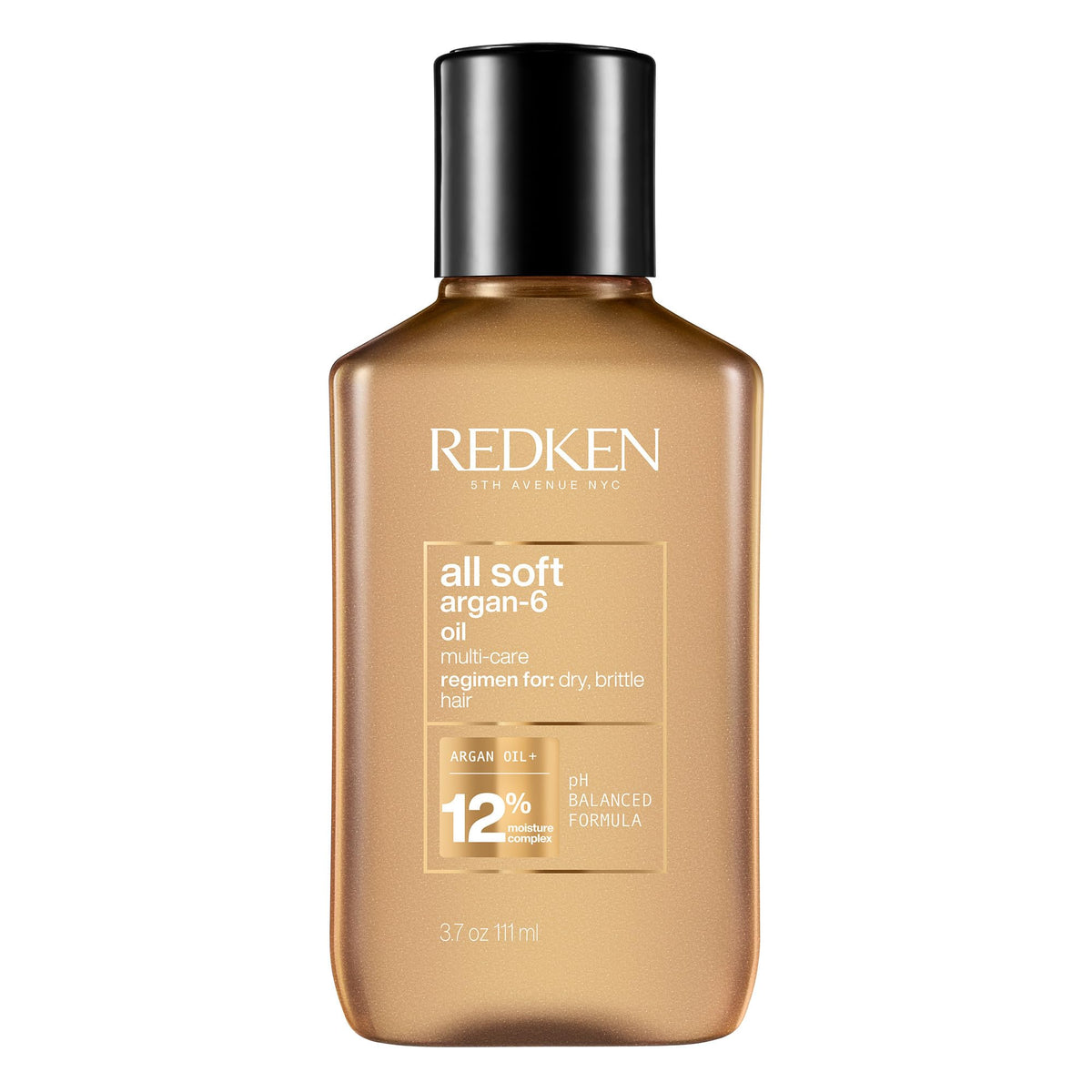 Redken All Soft Argan-6 Oil bottle shows premium packaging for moisture-rich conditioning.