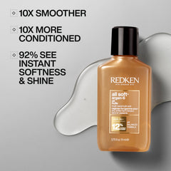 Close-up of Redken All Soft Argan-6 Oil highlighting rich argan formula for frizz control.