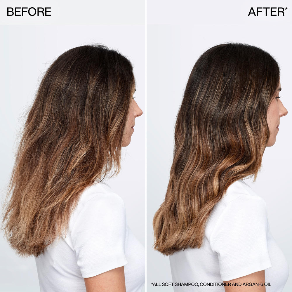 Redken All Soft Argan-6 Oil in hand conveys portable conditioning and shine benefits.