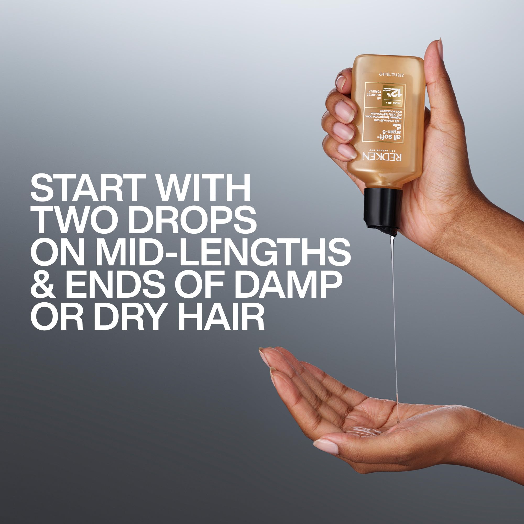 Oil applied to dry hair from Redken All Soft Argan-6 demonstrates softness and gloss.