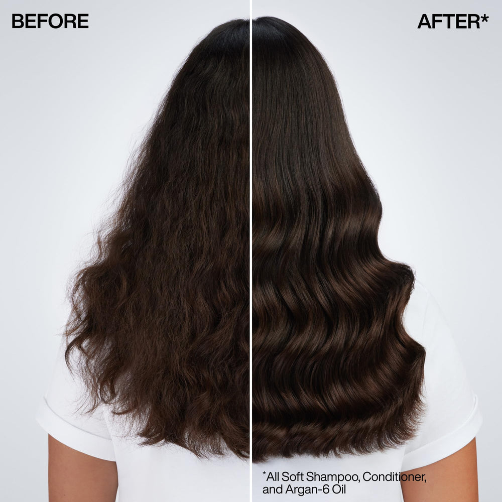 Redken All Soft Argan-6 Oil finish adds soft shine to styled hair.