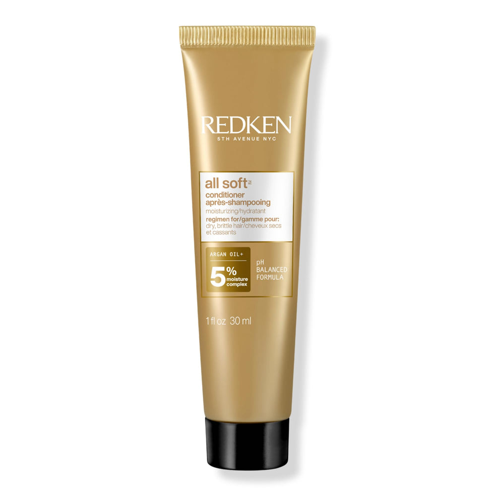 Redken All Soft Acondicionador envase 1oz, ideal para viaje y retoques.