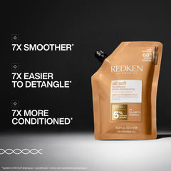 Redken All Soft Conditioner argan oil droplet highlights nourishing hydration.
