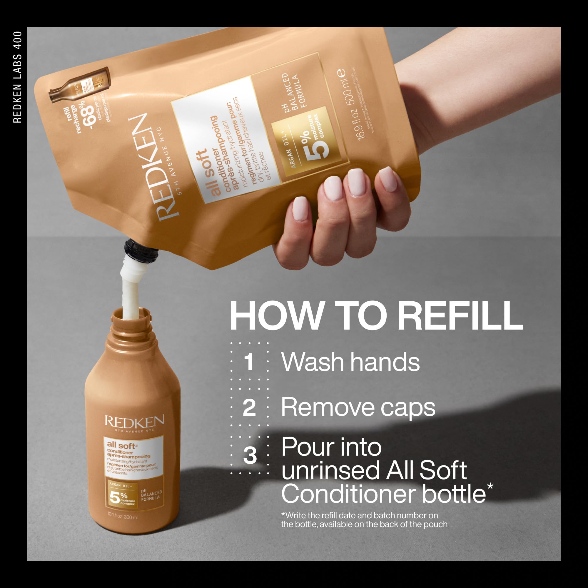 Redken All Soft Conditioner color-treated hair shows hydrated shine.