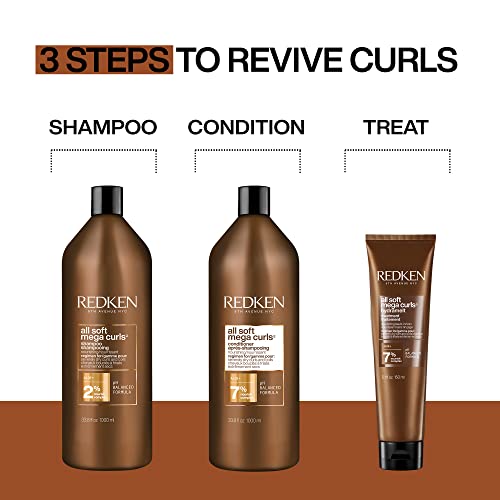 Redken All Soft Mega Curls conditioner bottle beside towel-dried curls