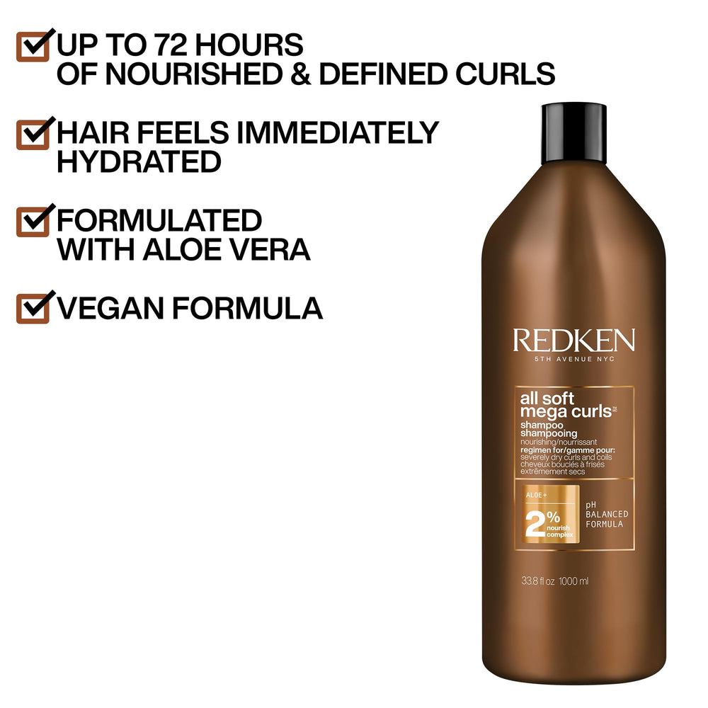 Redken All Soft Mega Curls Shampoo open view highlights nourishing formula for curly hair.