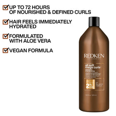 Redken All Soft Mega Curls Shampoo open view highlights nourishing formula for curly hair.