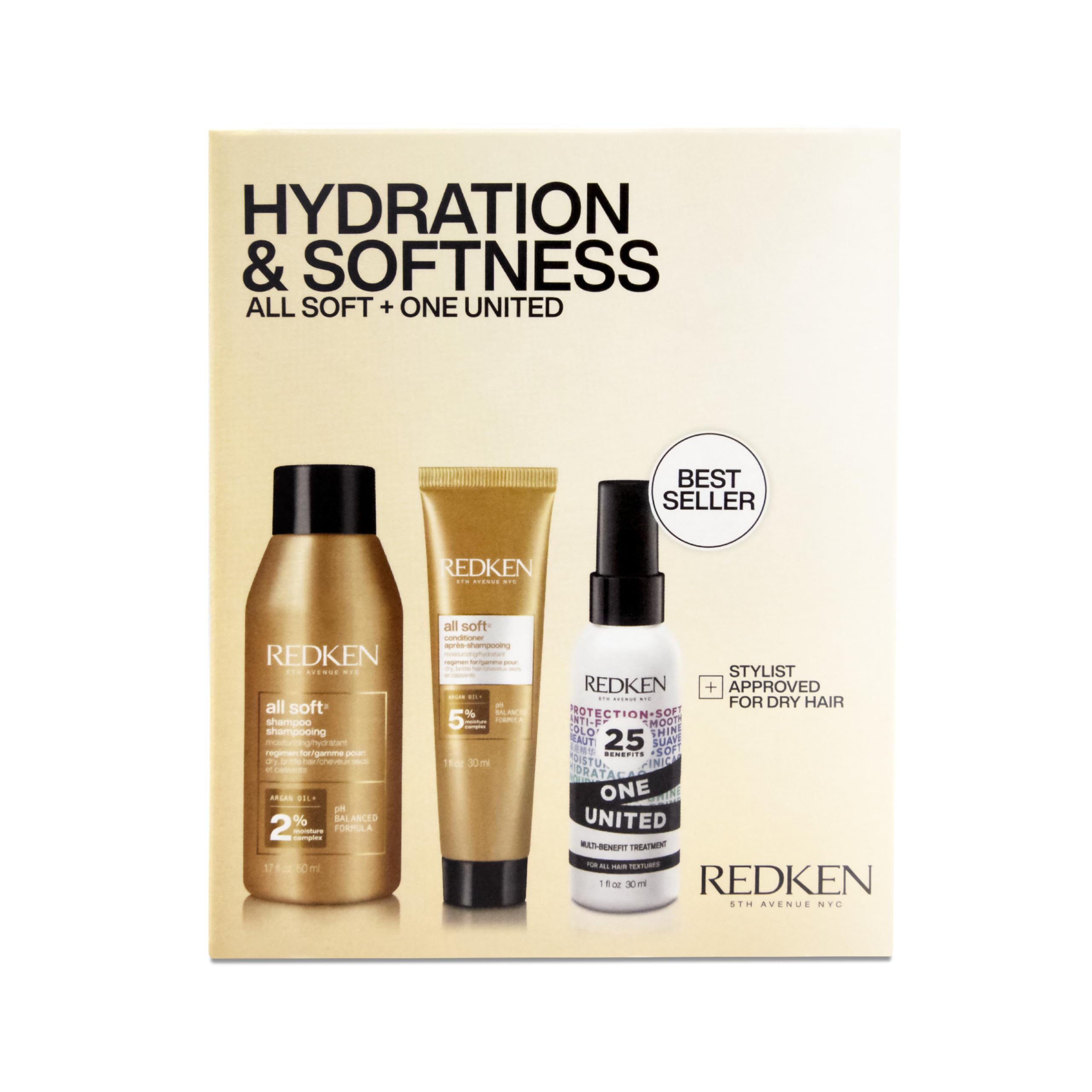Redken All Soft Mini Kit moisturizing shampoo bottle delivers hydration for soft, manageable hair.