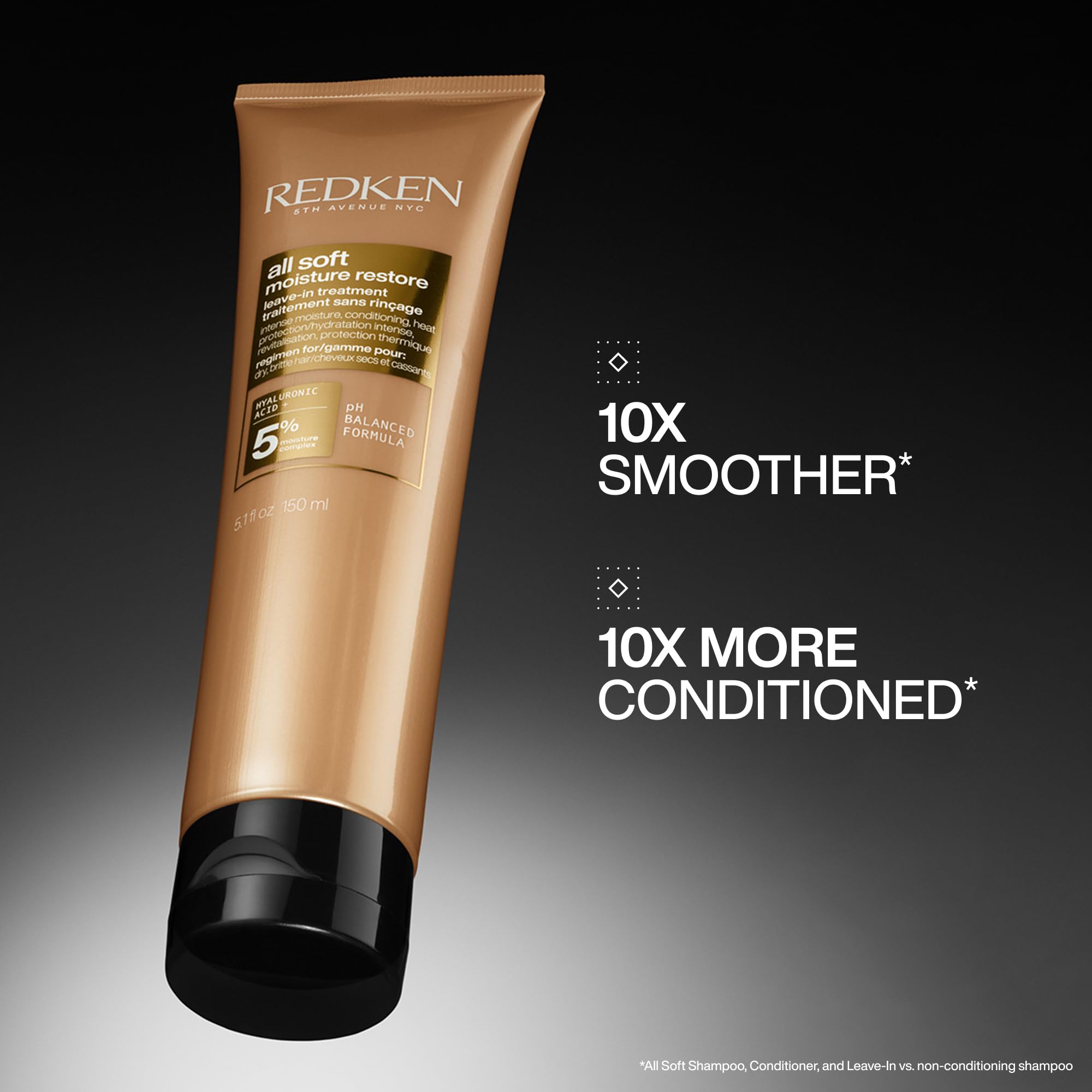 Redken All Soft Leave-In bottle with argan oil nourishes dry hair for smoothness.