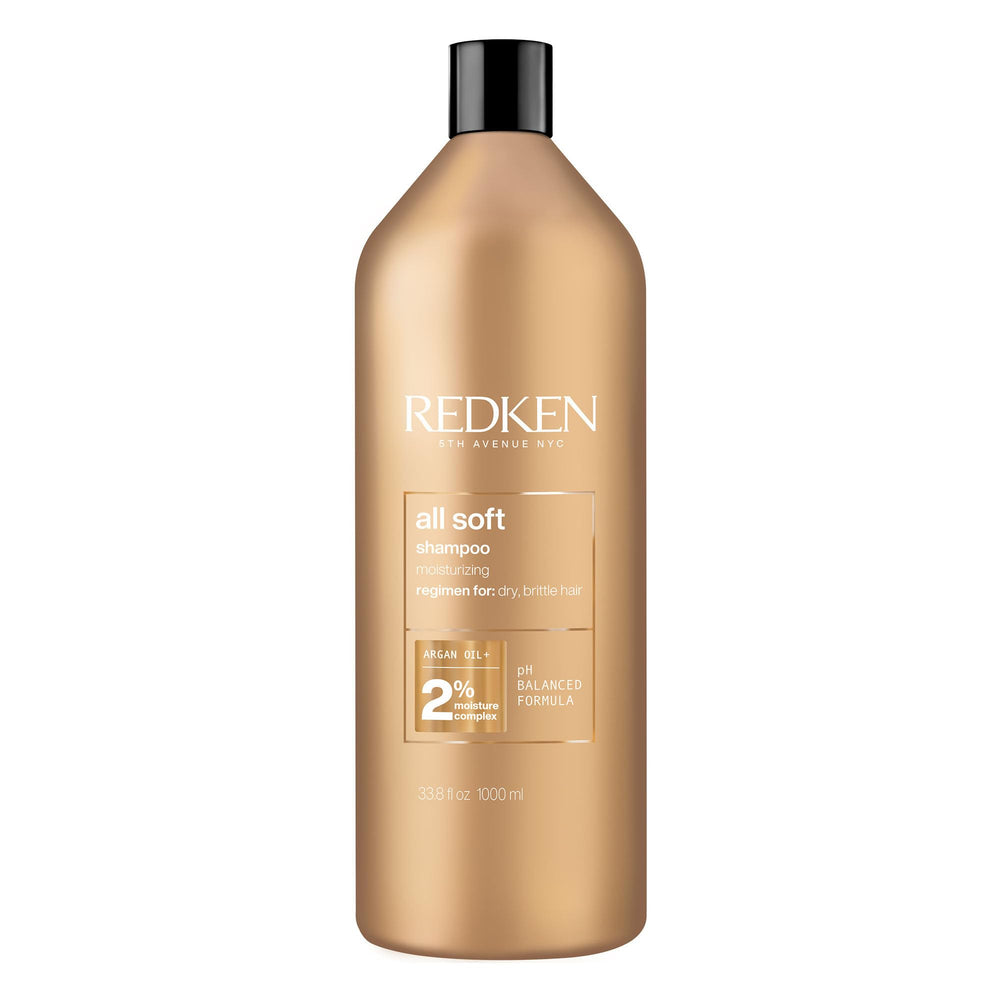 Redken All Soft shampoo bottle with argan oil delivering deep hydration