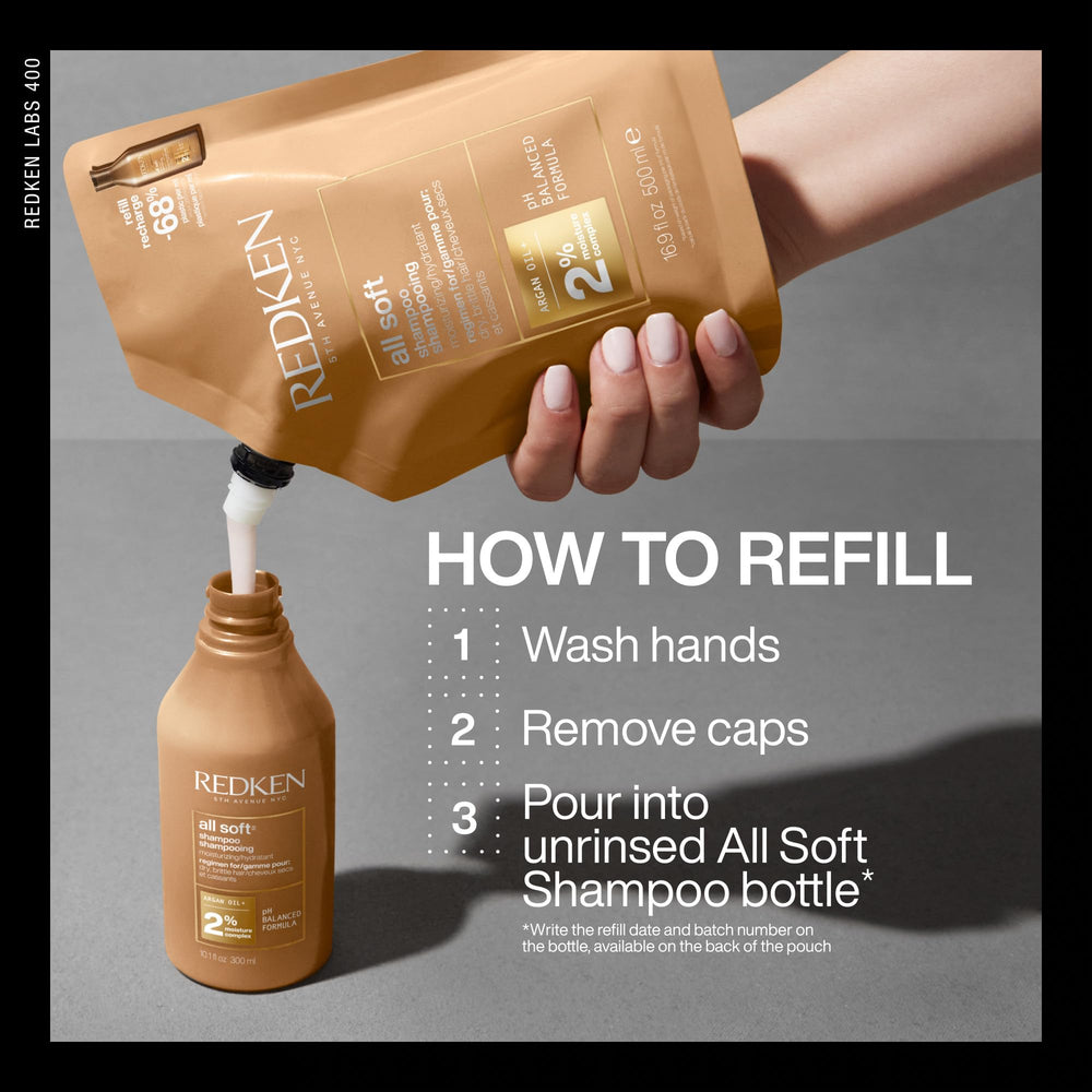 Redken All Soft Shampoo color-safe formula protects color-treated hair