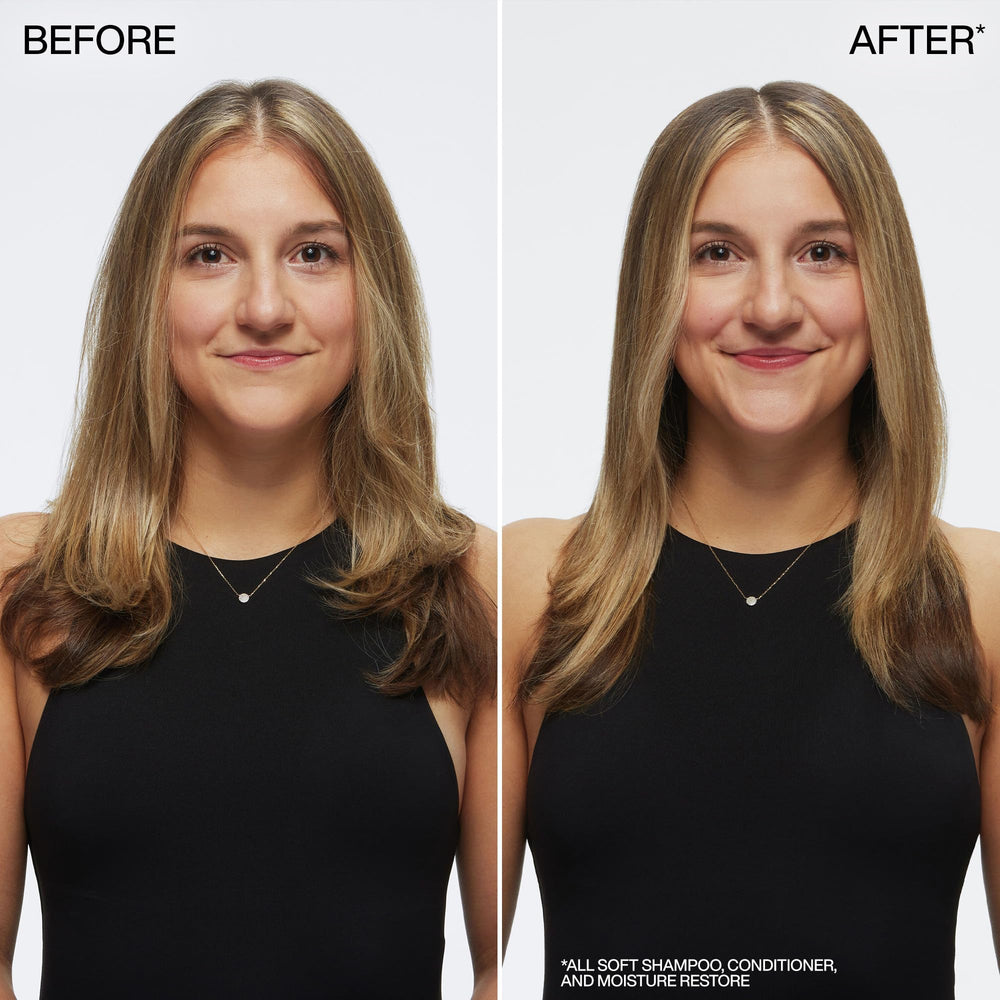 Hair with shine and improved manageability after All Soft Shampoo use.
