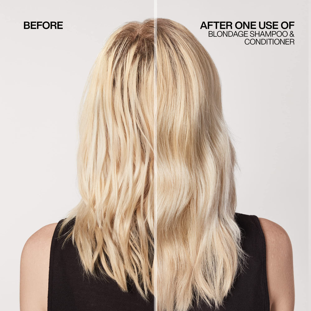 Redken Blondage bottle on tile suggests salon-grade color care at home