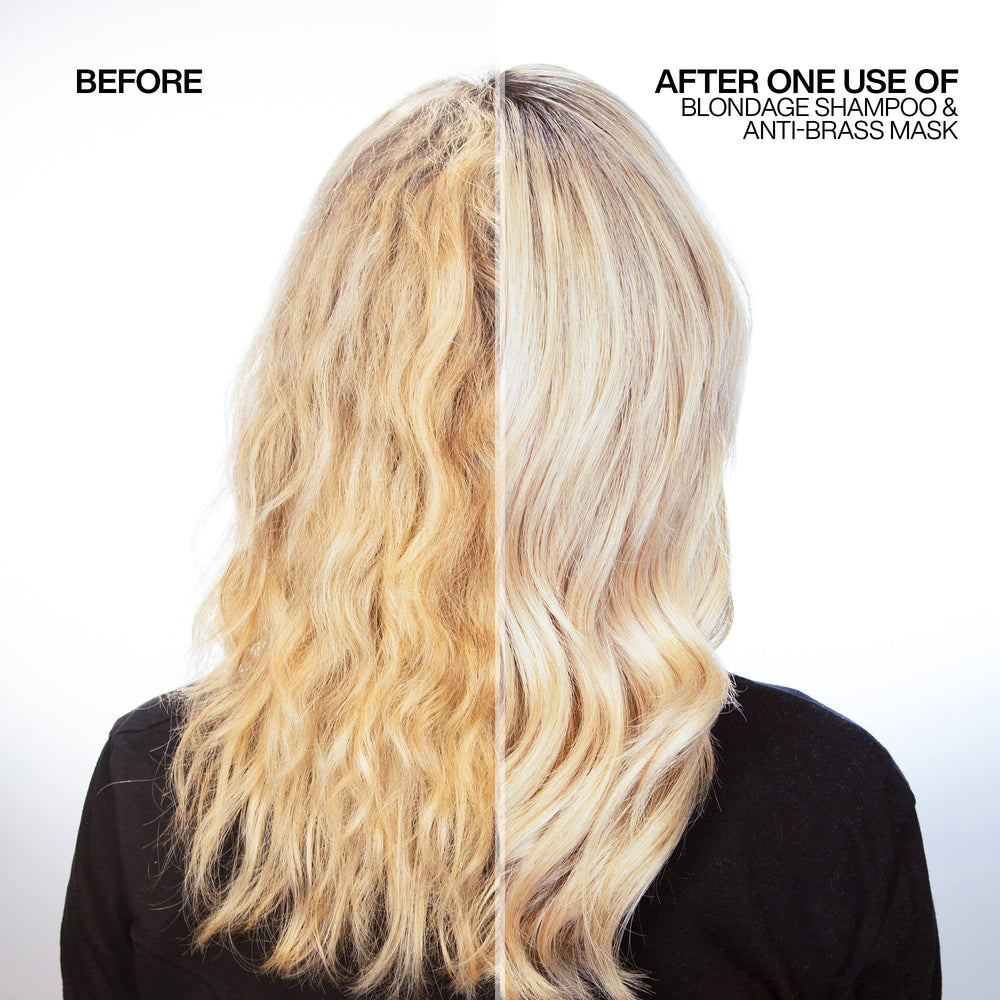 Redken Blondage Express Anti-Brass Mask application scene shows quick tone correction
