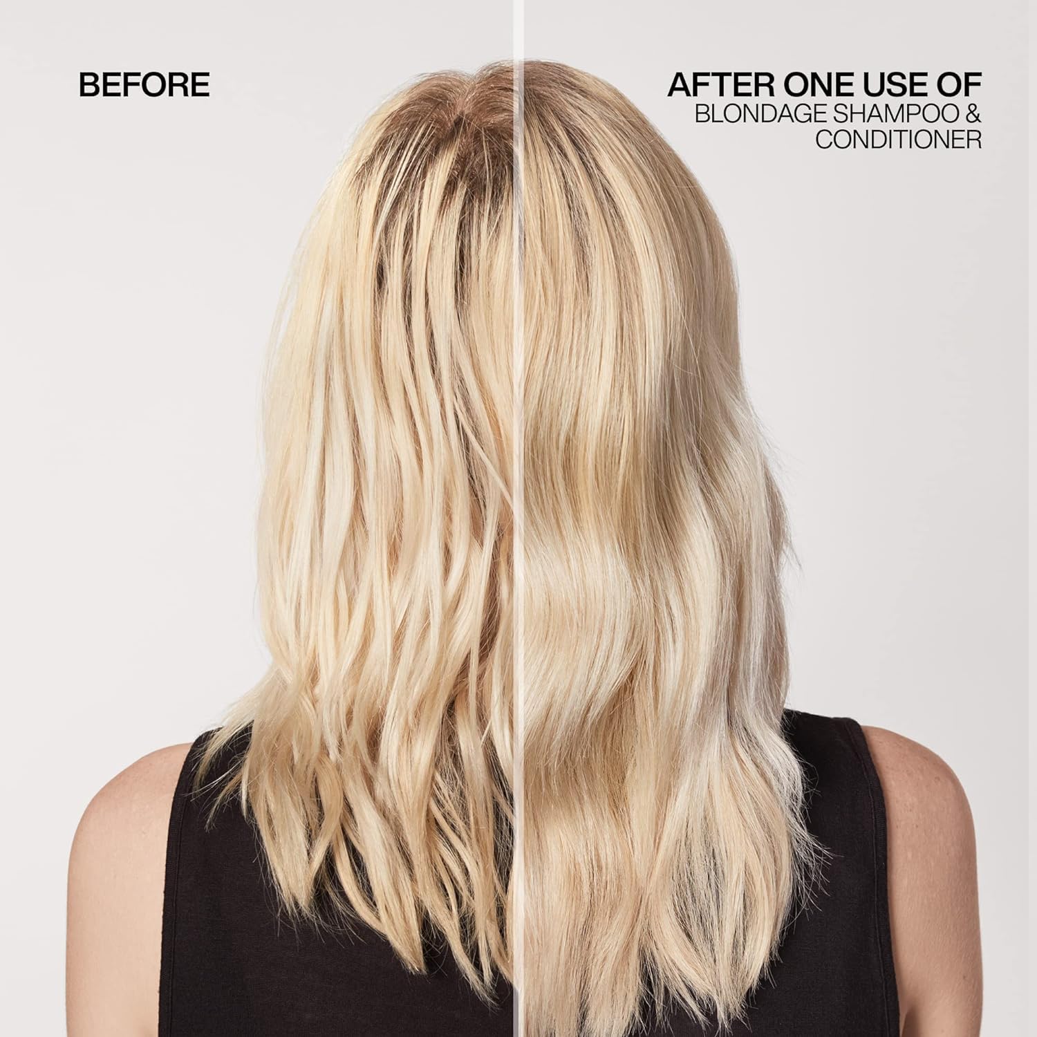 Redken Blondage hair tone before-after demonstrates brass neutralization potential.