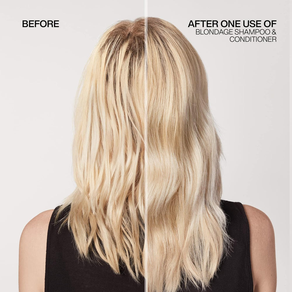 Redken Blondage hair tone before-after demonstrates brass neutralization potential.