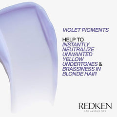 Redken Blondage Purple Conditioner on bathroom shelf with soft light.