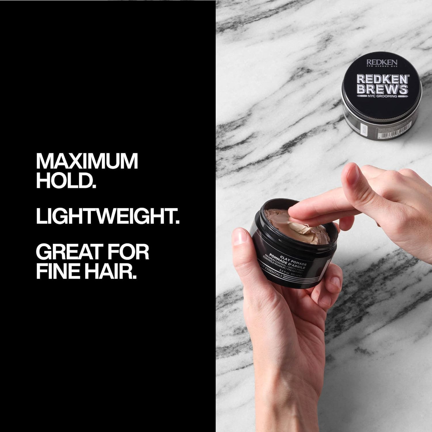 Hands applying Redken Brews Clay Pomade to sculpt volume and texture
