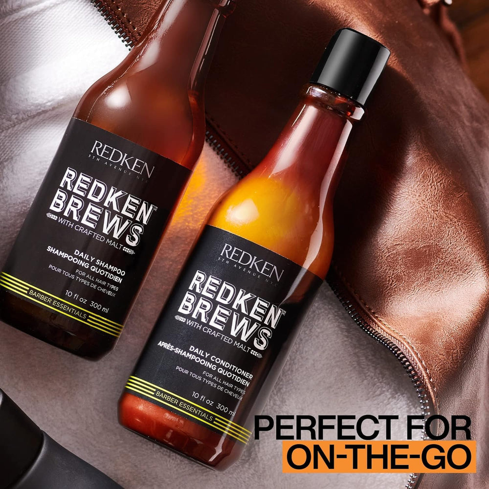Redken Brews Daily Conditioner on damp hair after shower for quick hydration.
