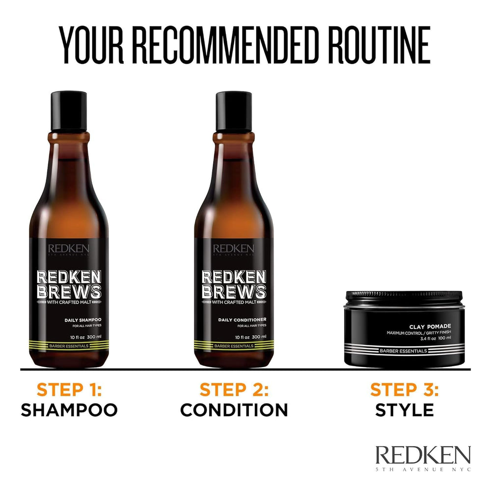Redken Brews Daily Conditioner being applied to damp hair for easy detangling.