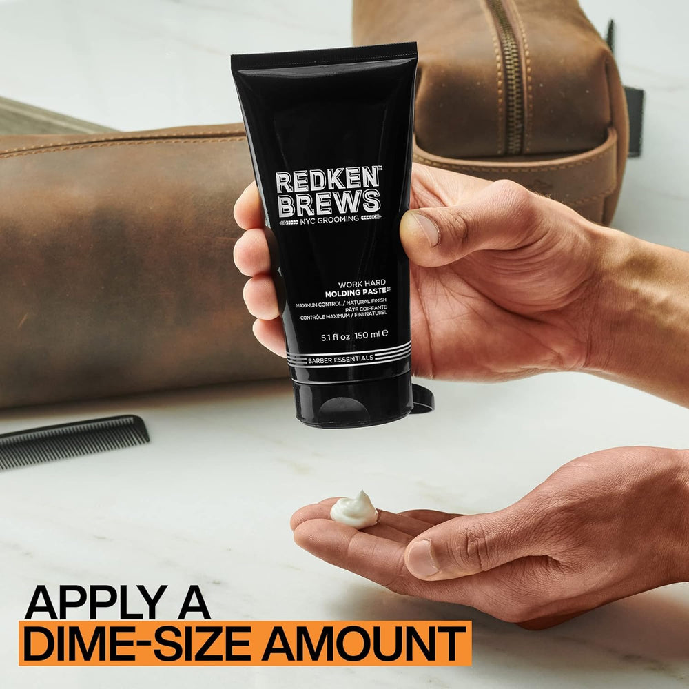 Hair close-up showing flexible hold with Redken Brews Molding Paste.
