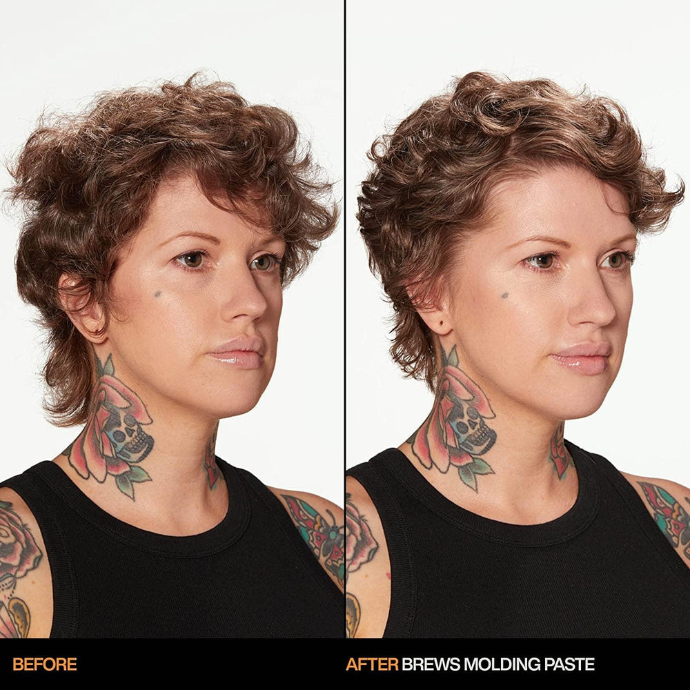 Hands applying Redken Brews Molding Paste for easy, moldable styling.