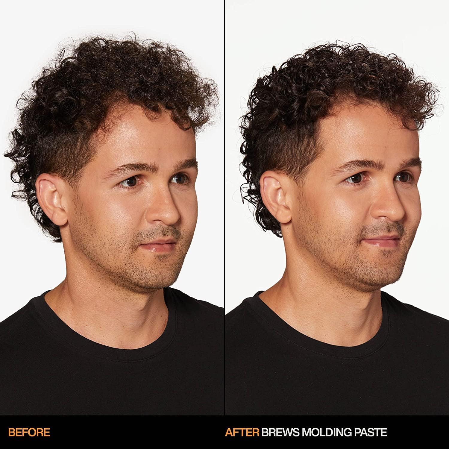 Close-up of textured hair styled with Redken Brews Molding Paste.