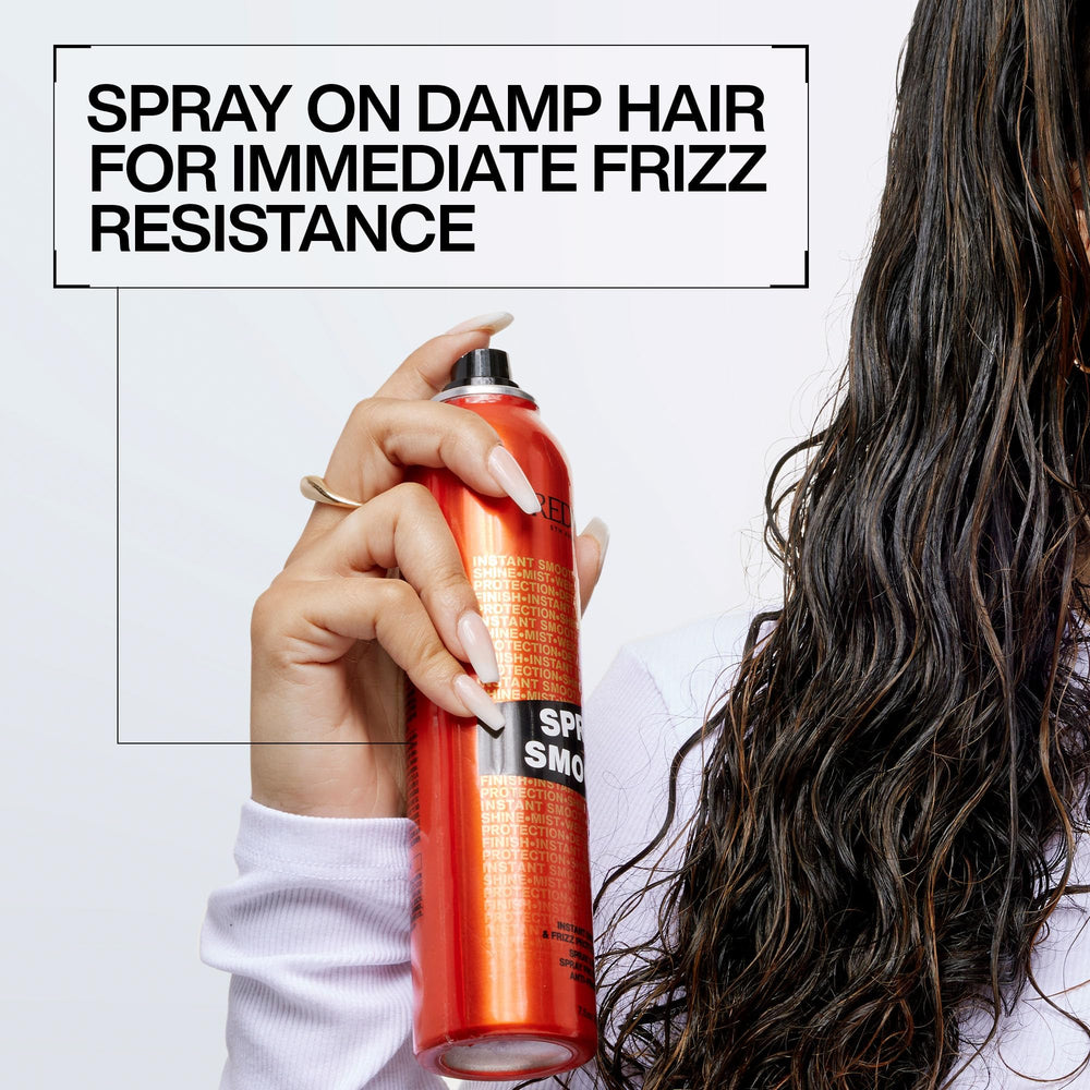 Redken Brews Spray Smooth applied on damp hair before drying for smooth results.