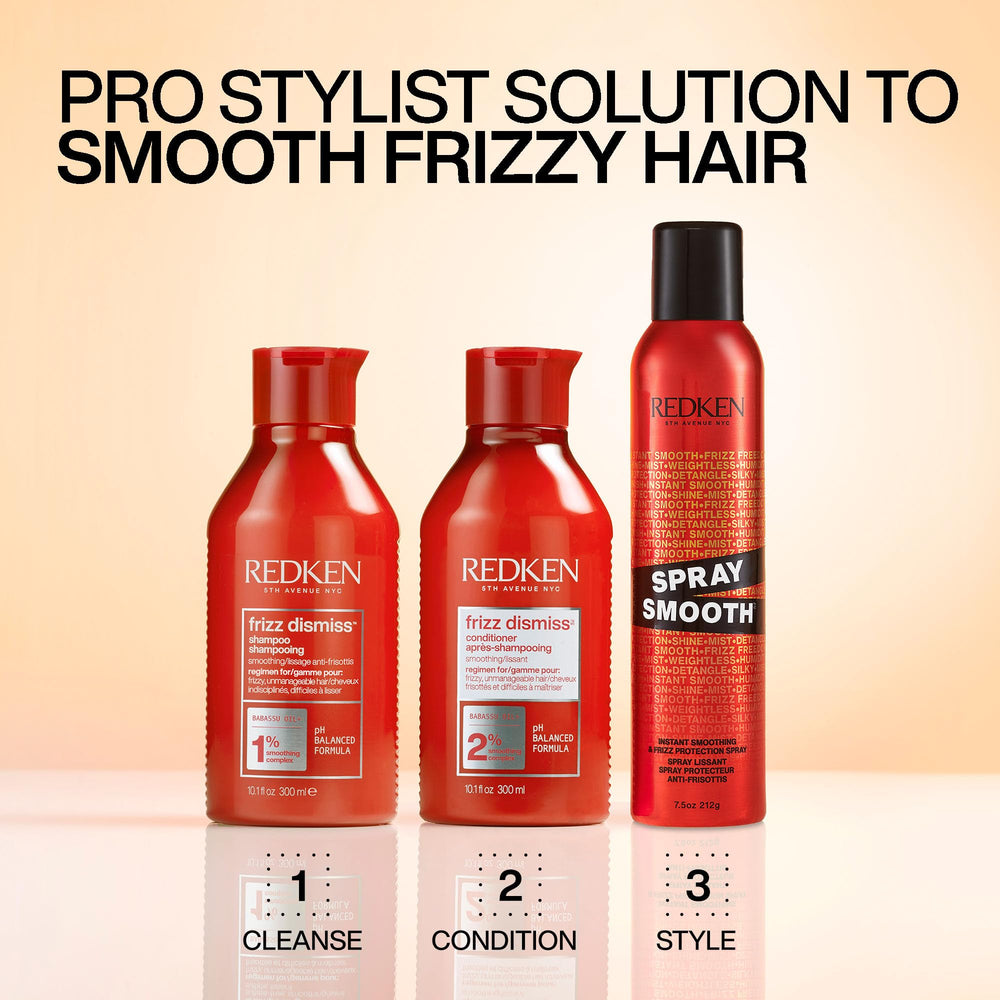 Redken Brews Spray Smooth tames flyaways for a polished look.