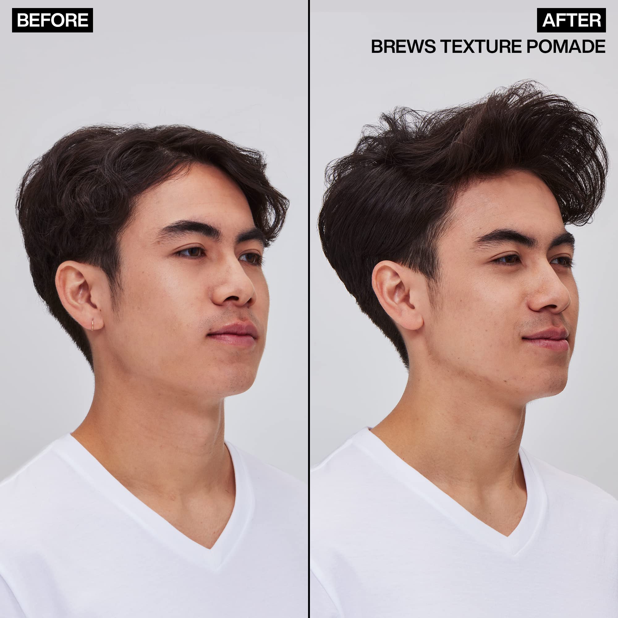 Redken Brews Texture Pomade hands applying leads to textured, natural matte finish.
