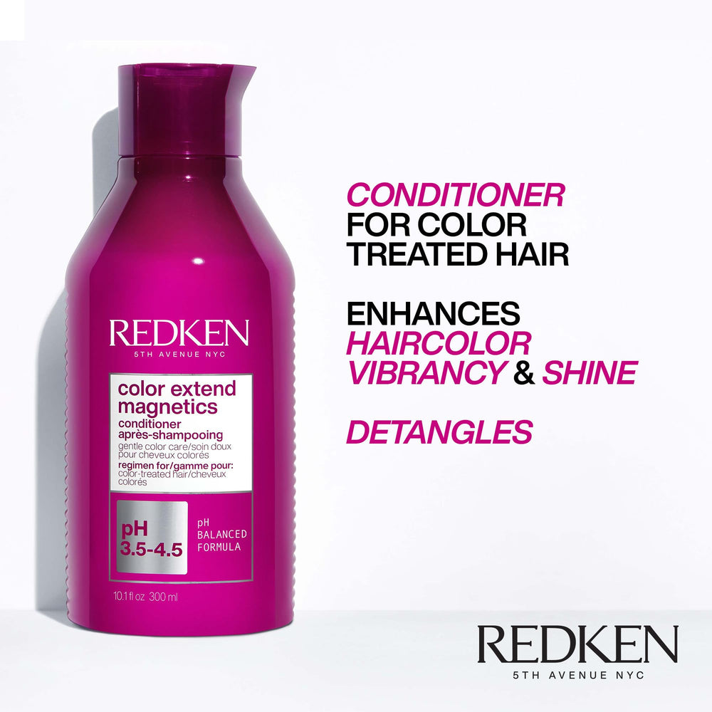 Redken Color Extend Magnetics conditioner hair close-up highlights shine and smoothness.