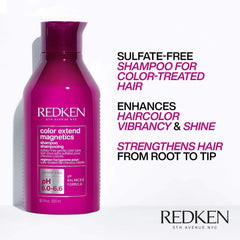 Redken Color Extend Magnetics Shampoo demonstrates color vibrancy protection during cleansing.