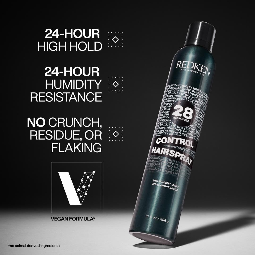 Redken Control Hairspray 28, botella en mano, fijación de 24 horas con resistencia a la humedad.