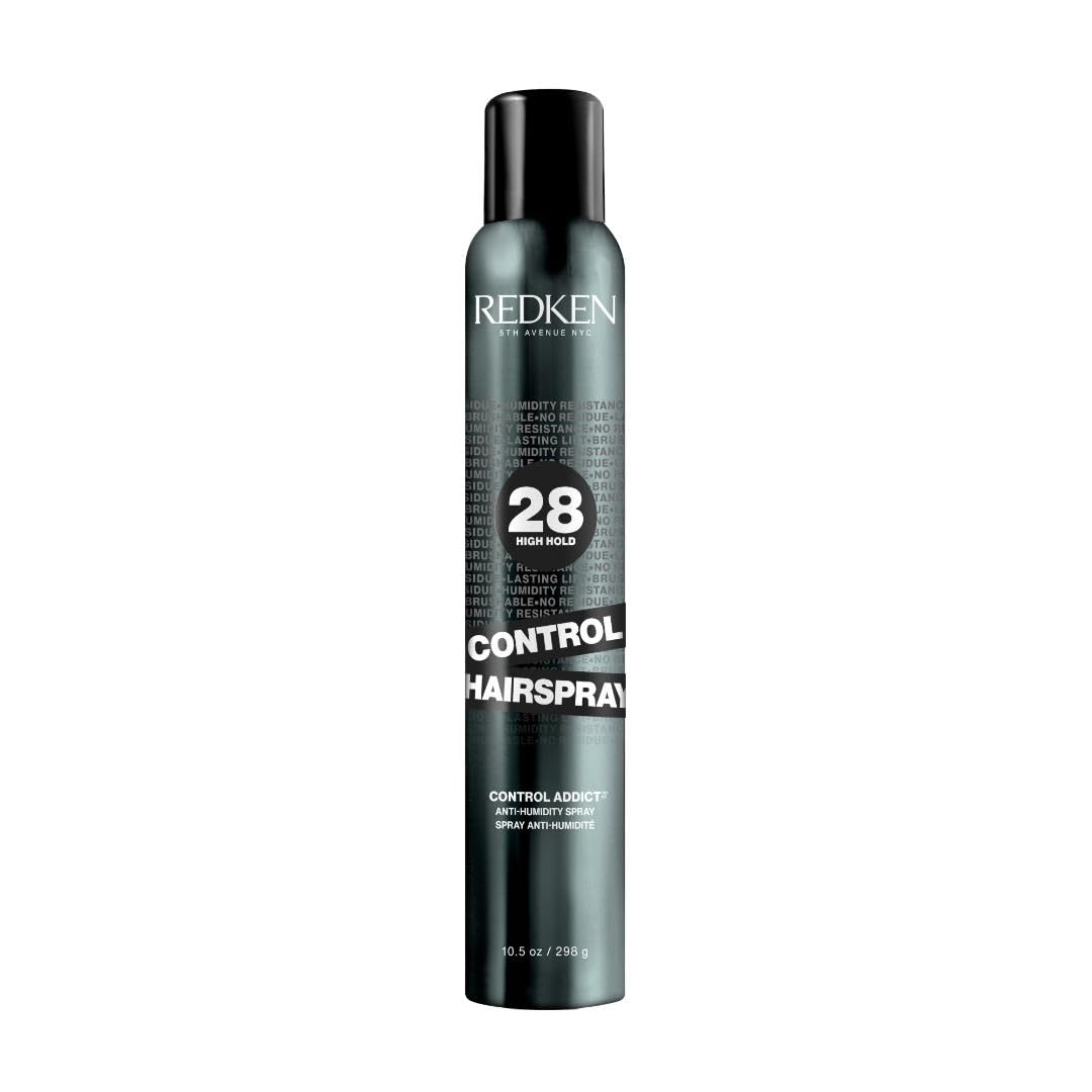 Redken Control Hairspray 28 bottle on dresser showing all-day hold