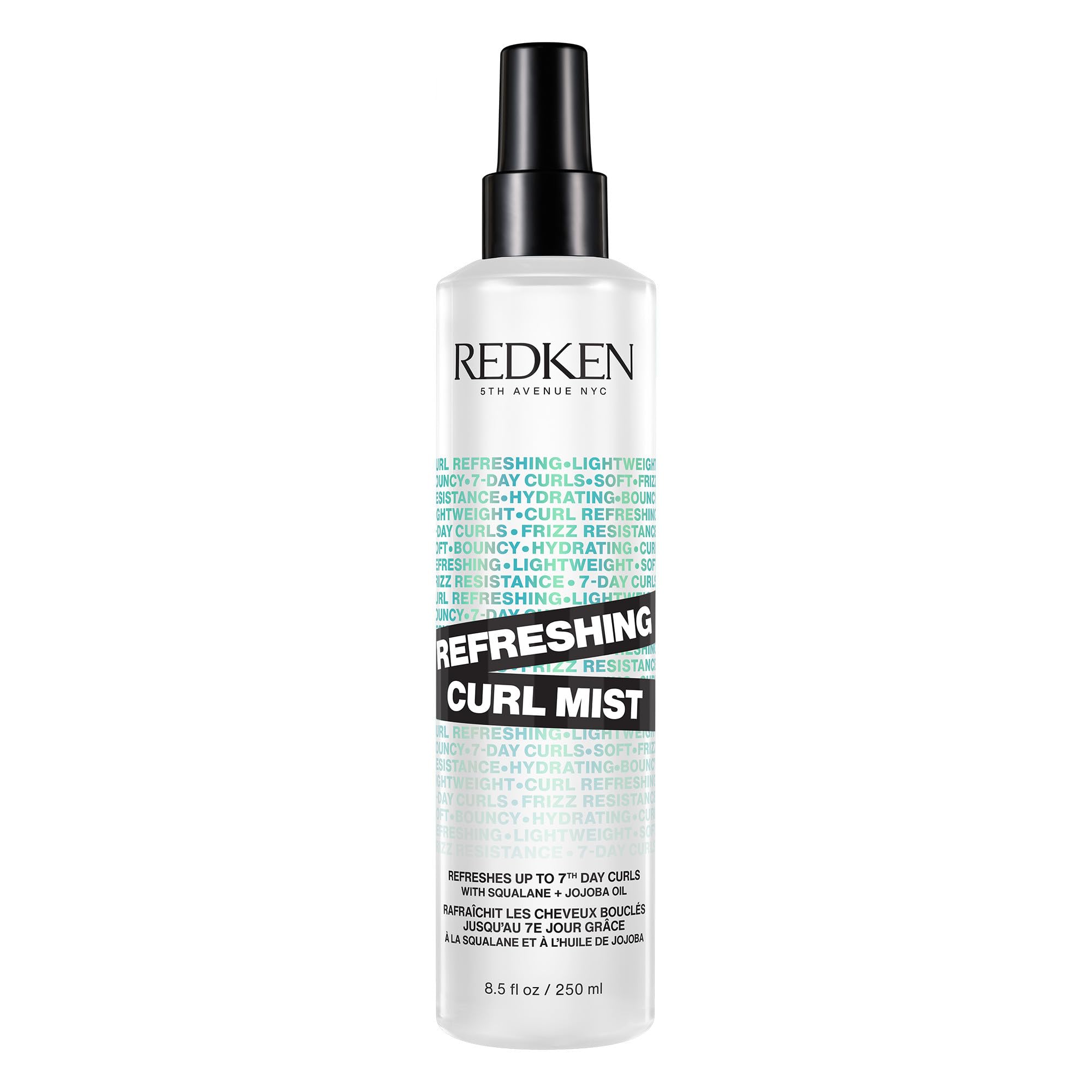 Redken Curl Refreshing Mist bottle shows on-the-go hydration and curl definition.