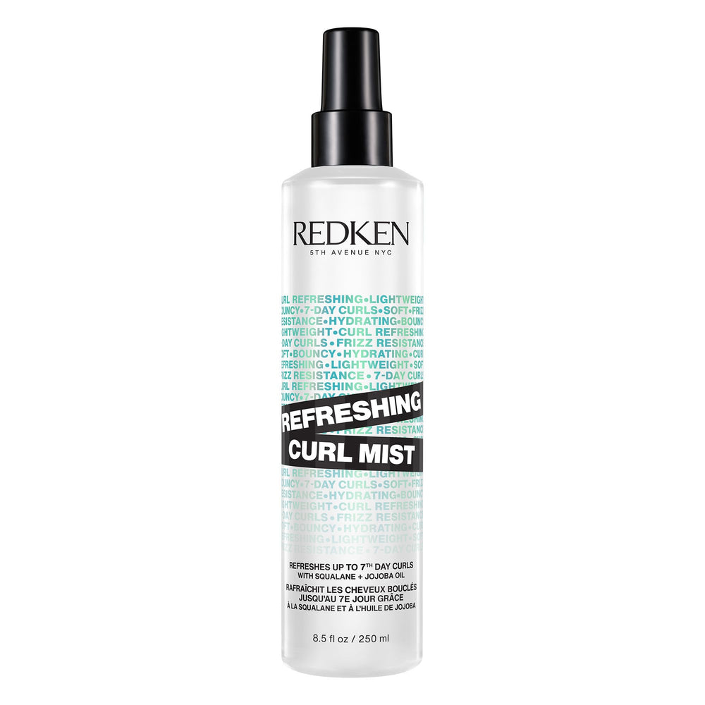 Redken Curl Refreshing Mist bottle shows on-the-go hydration and curl definition.