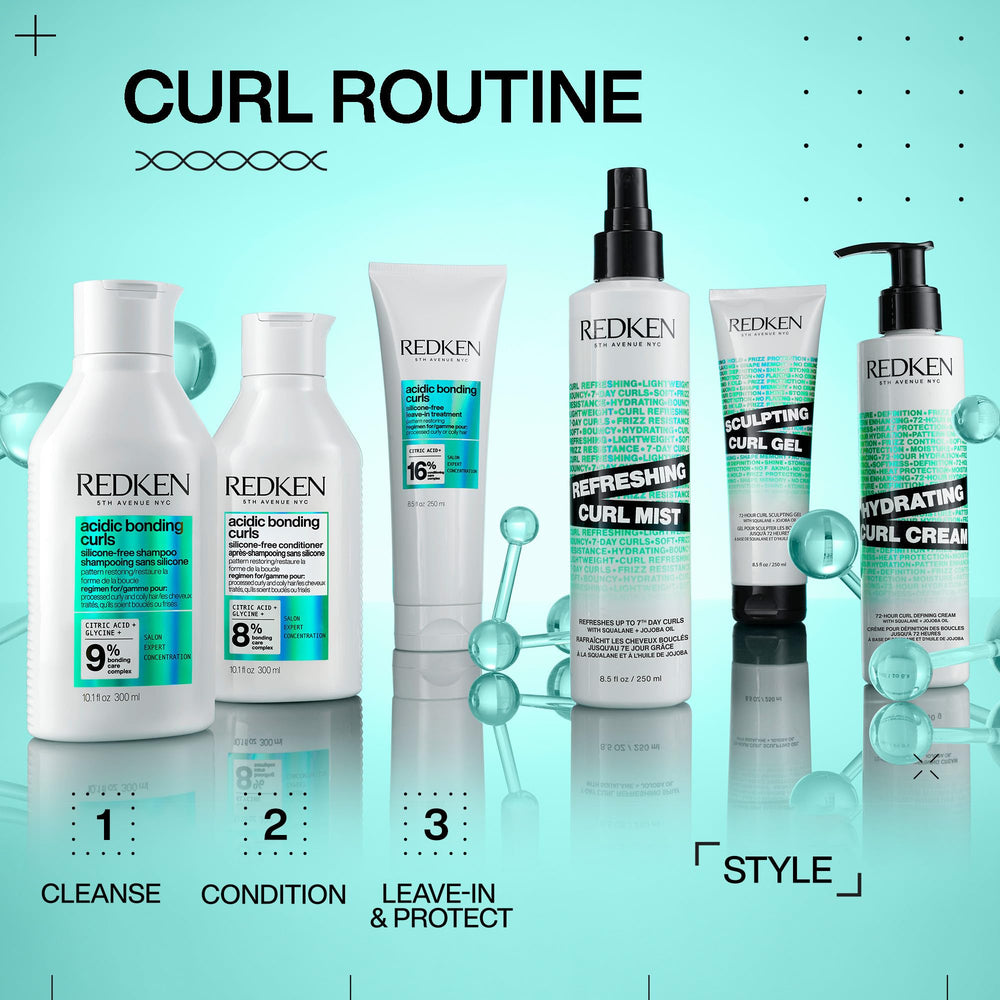 Redken Curl Refreshing Mist close-up shows bouncy, renewed curls.