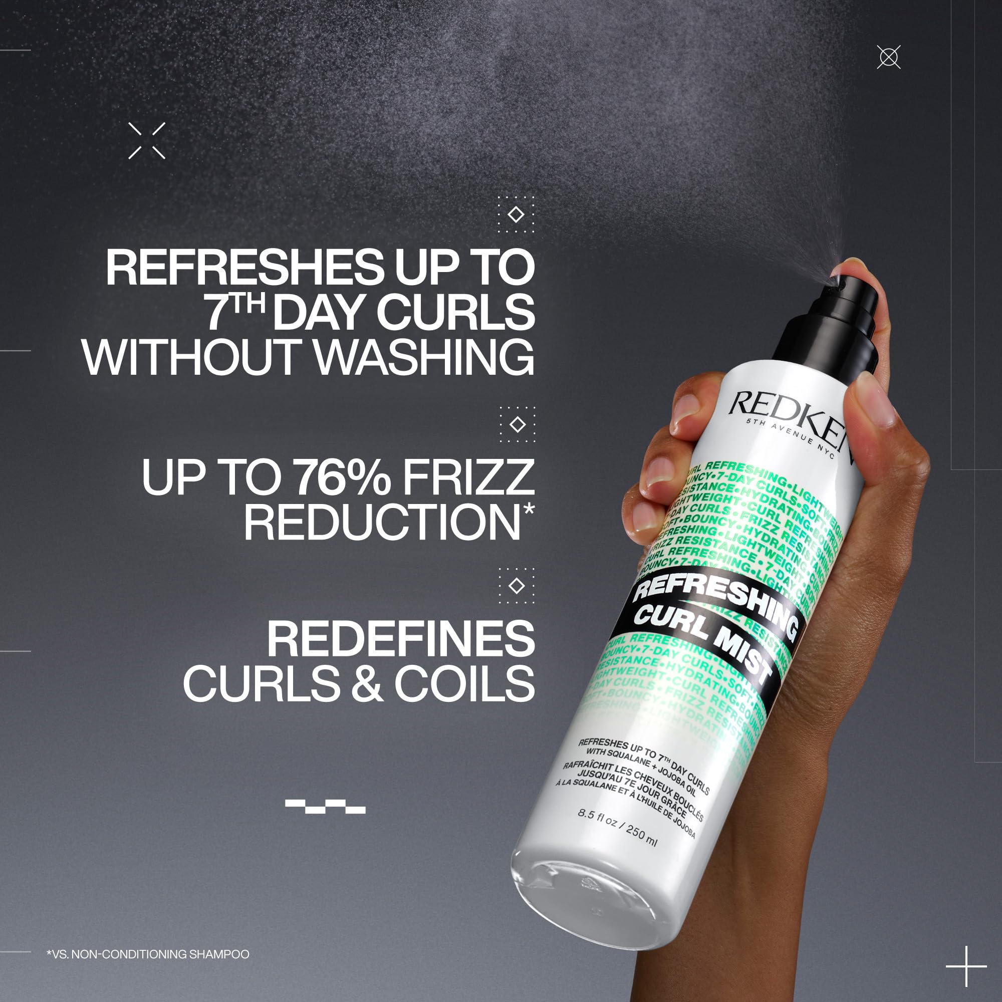 Redken Curl Refreshing Mist dispenser pump enables quick, even application.