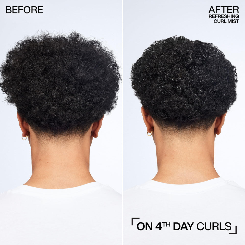 Redken Curl Refreshing Mist applied to dry hair redefines curls with light texture.