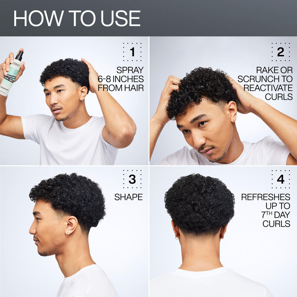 Redken Curl Refreshing Mist packaging uses recycled plastic for sustainability.