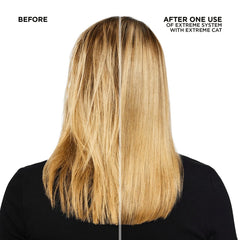 Hands applying Redken Extreme CAT to hair, showing rinse-out treatment in action