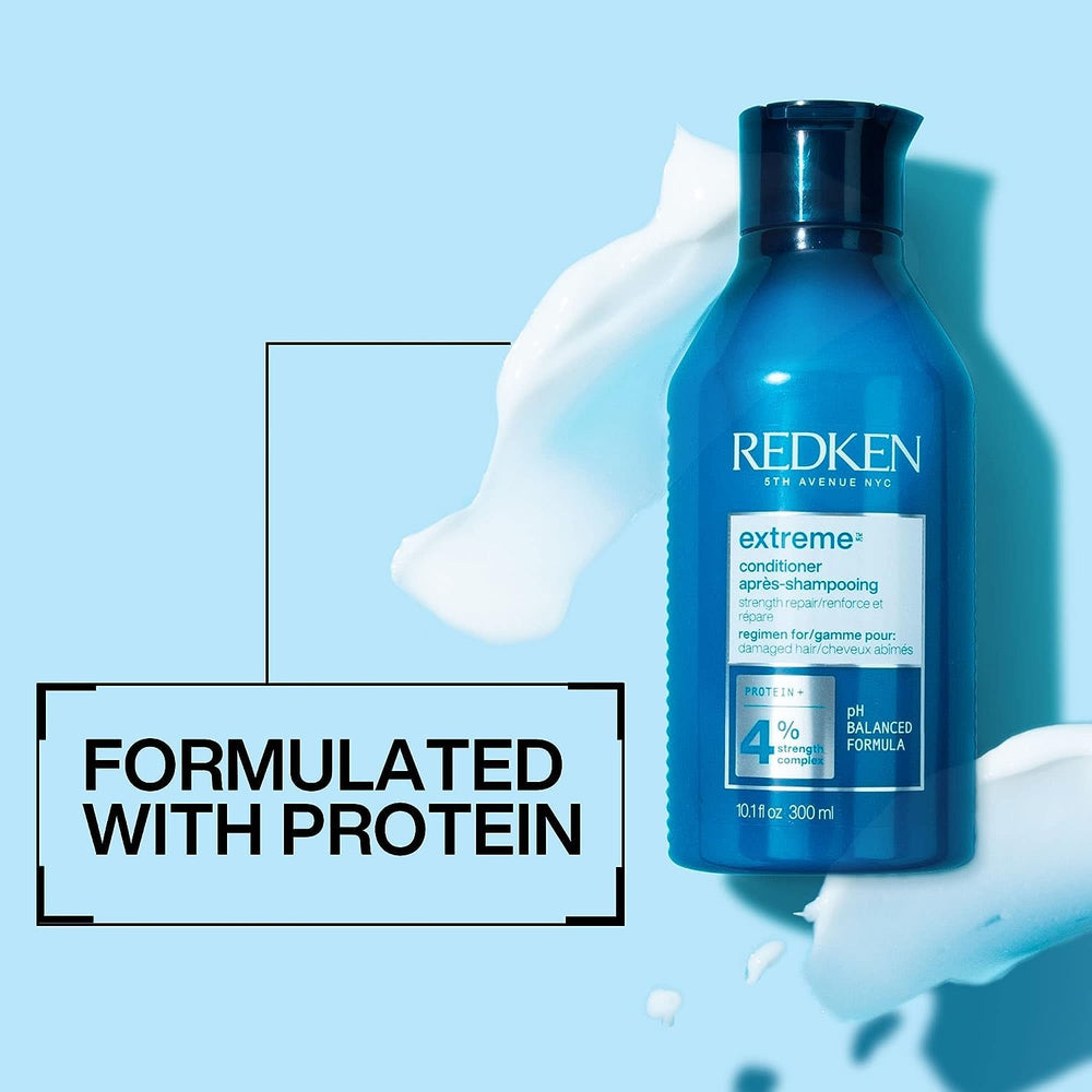 Redken Extreme Conditioner on hair strand suggests a soft, polished finish.
